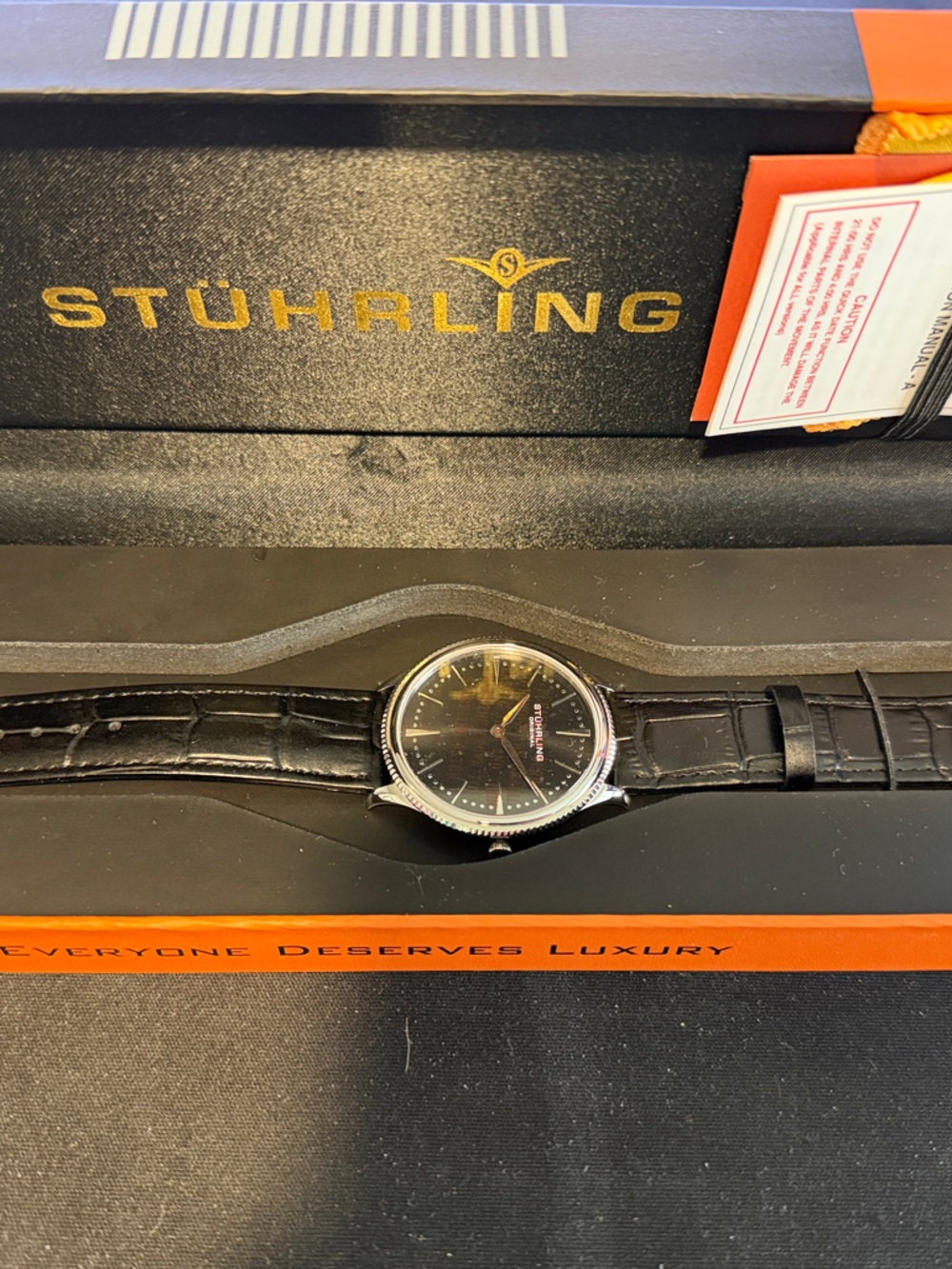 Stuhrling Original Black Dial Silver Case Black Leather Strap Watch